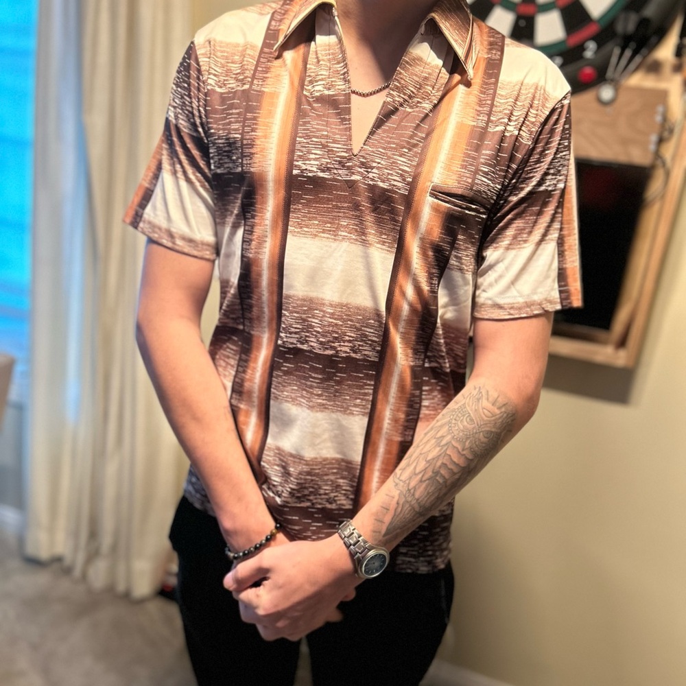 Brown Casual Button Down Deep V Shirt with Ombre Stripes